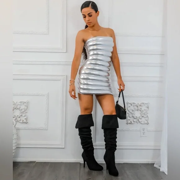 NWT.  Fashion Nova Icon Living Puffer Silver Metallic Dress. - Picture 2 of 4